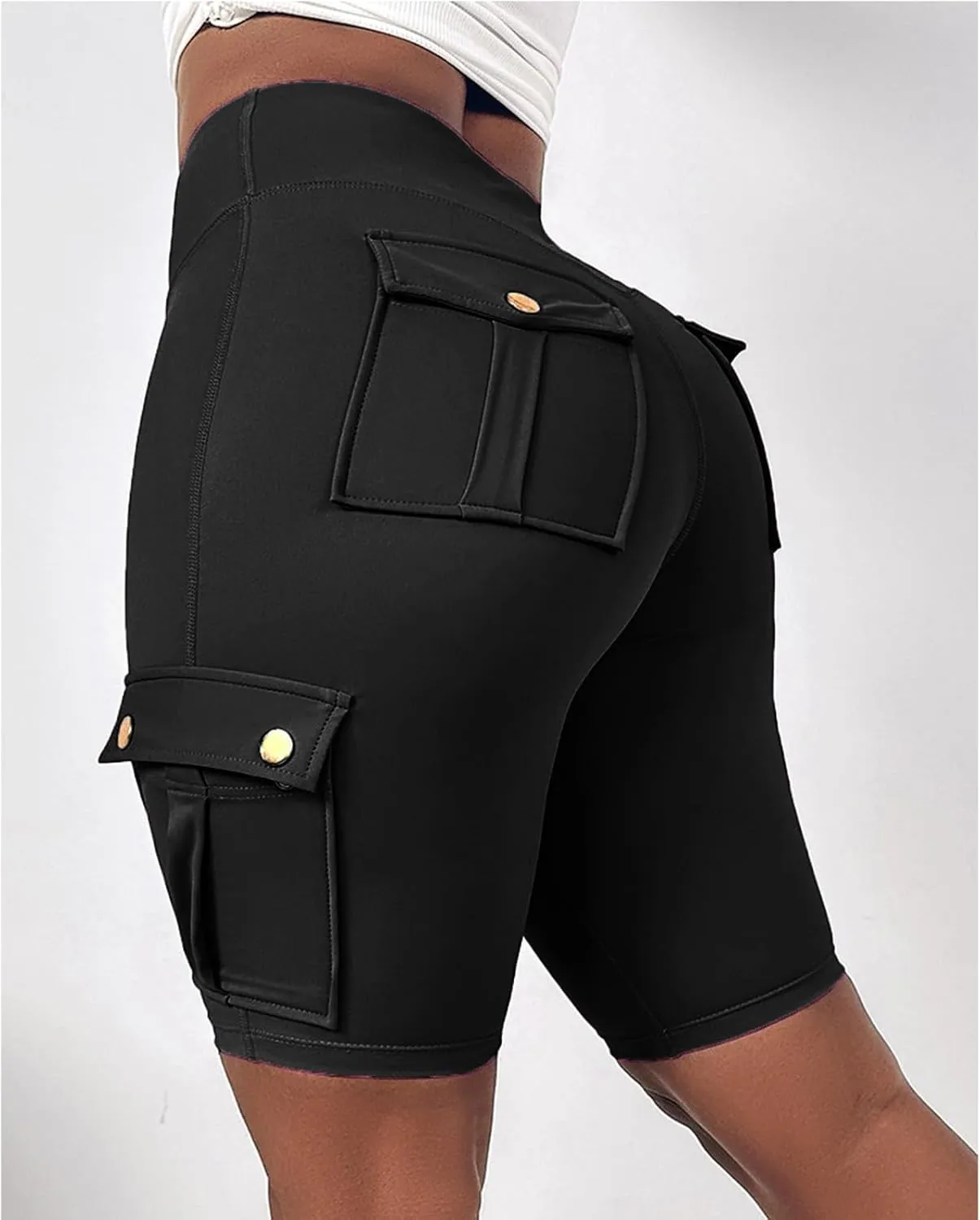 Womens Workout Shorts with Pocket Tummy Control Cargo Shorts Knee Length Butt Lifting High Waisted Biker Yoga Legging