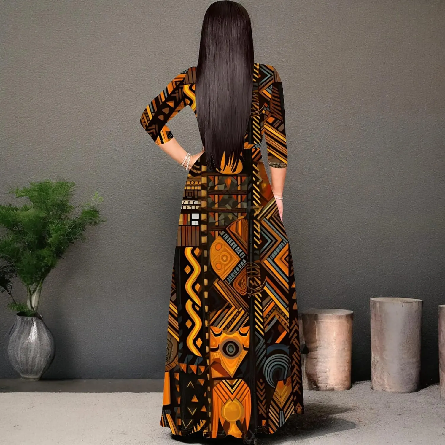 Women's Wrap Waist Sexy V Neck Plus Size Fall Maxi Dress 3/4 Sleeve African Style Floral Print Swing Dress with Belt