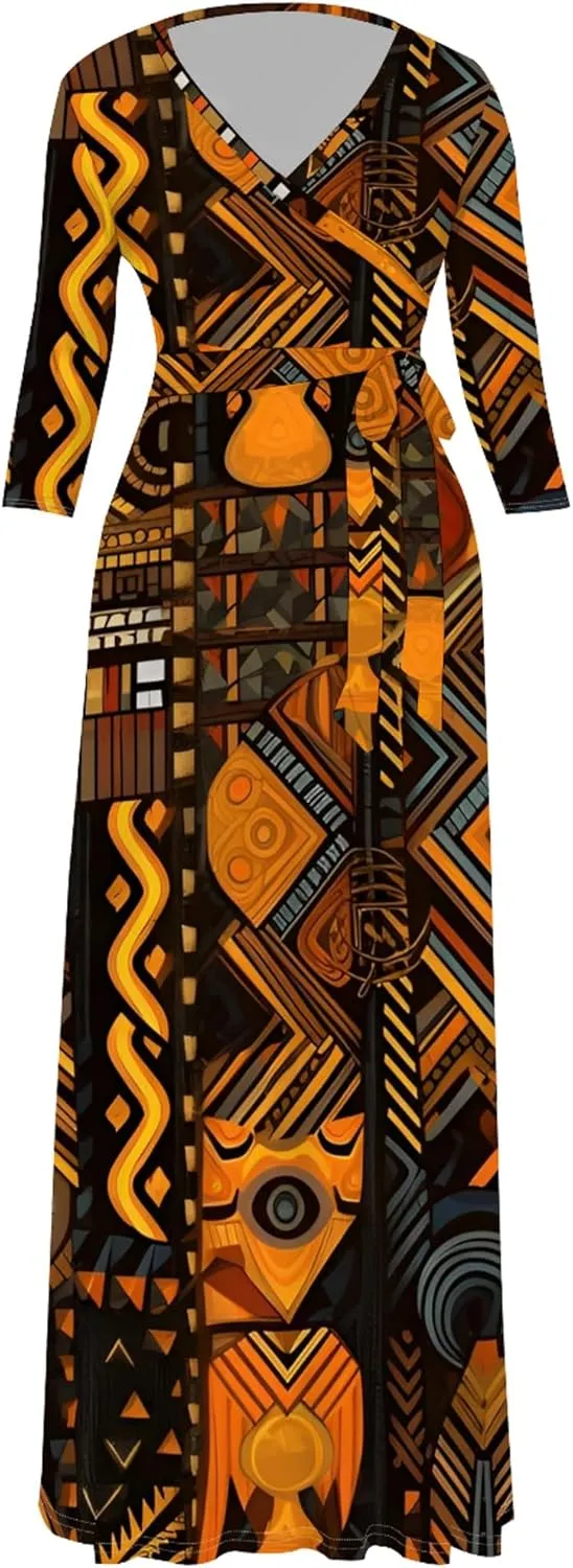 Women's Wrap Waist Sexy V Neck Plus Size Fall Maxi Dress 3/4 Sleeve African Style Floral Print Swing Dress with Belt