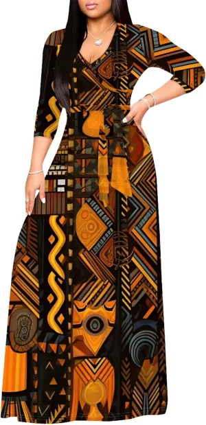 Women's Wrap Waist Sexy V Neck Plus Size Fall Maxi Dress 3/4 Sleeve African Style Floral Print Swing Dress with Belt