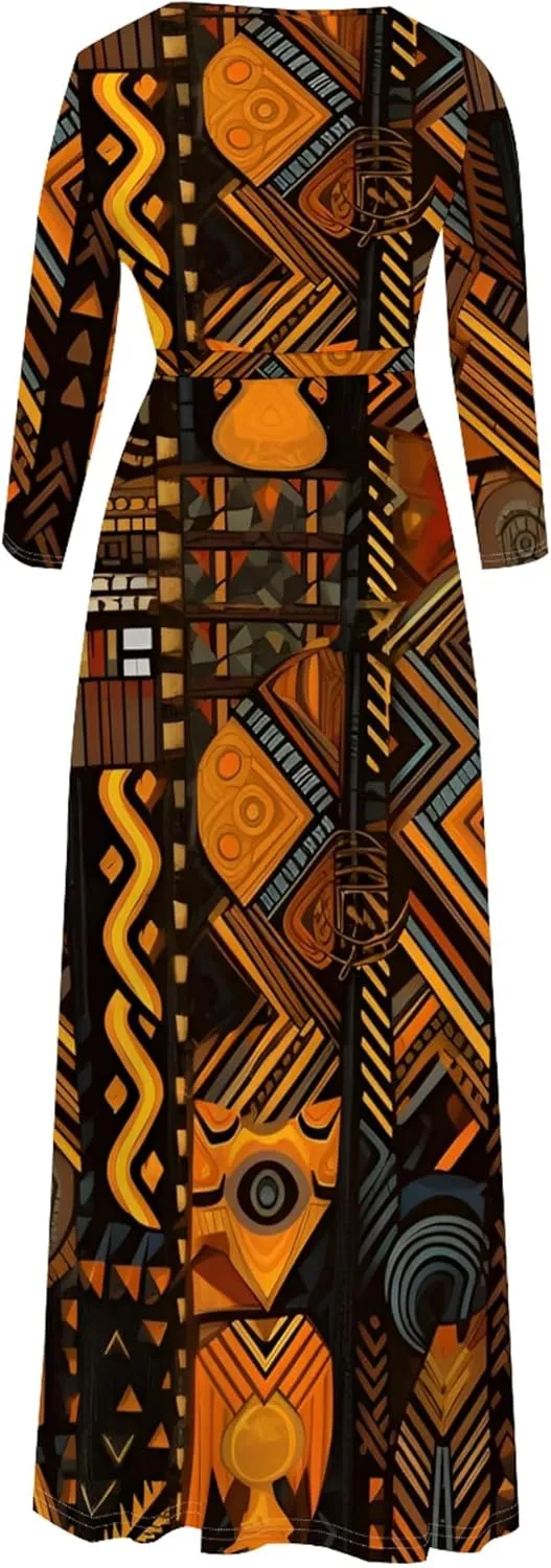 Women's Wrap Waist Sexy V Neck Plus Size Fall Maxi Dress 3/4 Sleeve African Style Floral Print Swing Dress with Belt
