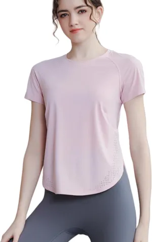 Women's Yoga T-Shirt Slim-Fit Quick-Dry Mesh Hem Workout Top,Stretchy Outdoor Running Shirt,S-XL