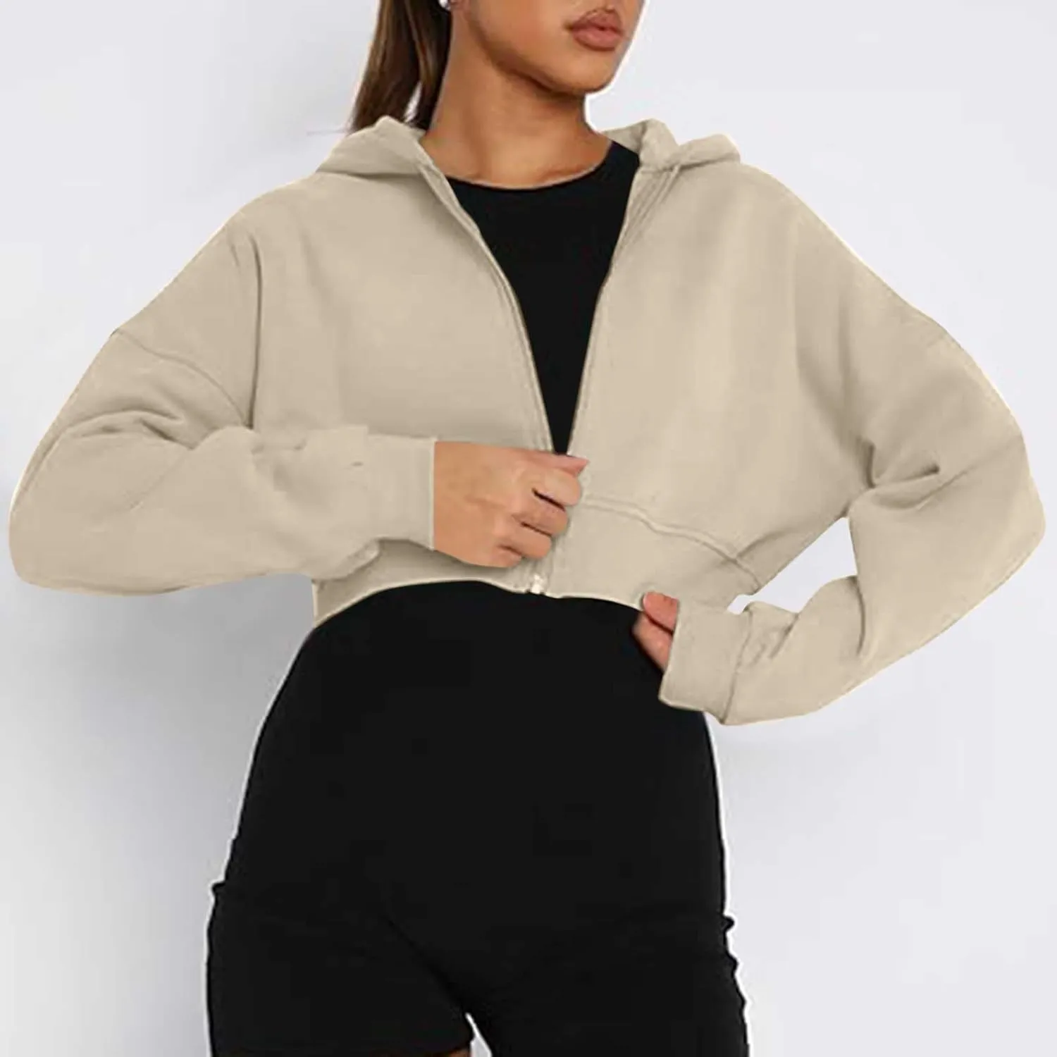 Womens Zip Up Cropped Sweatshirts Hoodie Long Sleeve Jacket Trendy Y2K Crop Tops 2024 Fashion Outfits Clothing