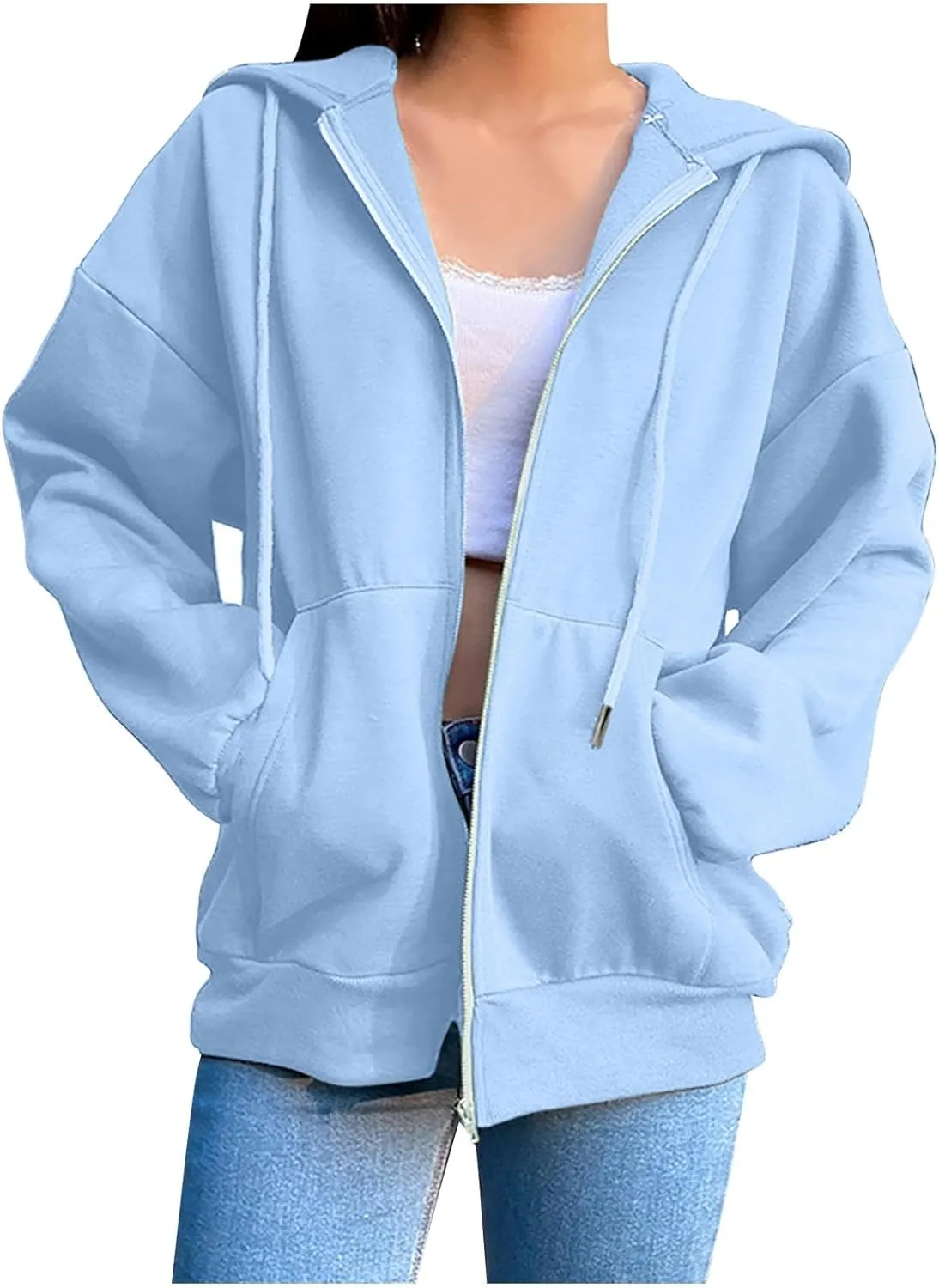 Women's Zip Up Fleece Sweatshirt Long Sleeve Fashion Pullover Hoodies Y2K Jacket with Pockets 2024 Fall Clothes