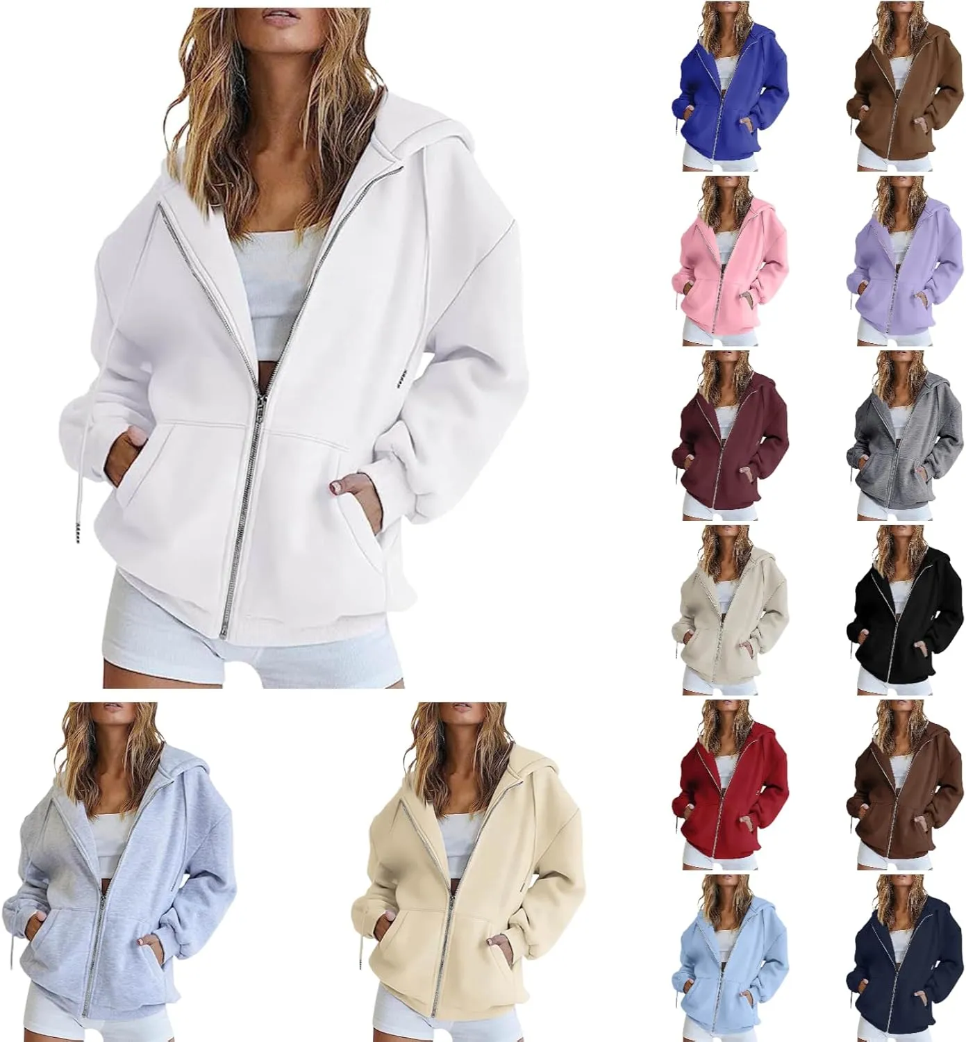 Womens Zip Up Hoodies Oversized Sweatshirts Black Zip Up Hoodie White Hoodie 2024 Winter Casual Jackets