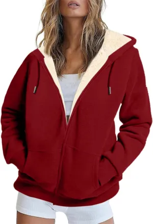 Womens Zip Up Hoodies Oversized Sweatshirts Warm Fleece Sherpa Lined Fashion Outfits Sweaters Casual Jackets