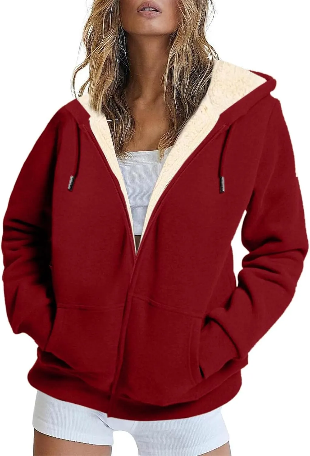 Womens Zip Up Hoodies Oversized Sweatshirts Warm Fleece Sherpa Lined Fashion Outfits Sweaters Casual Jackets