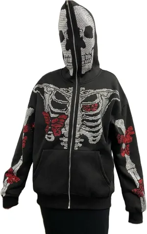 Y2K Hoodie Full Zip Up Hoodie Over Face Women Men Skeleton Skull Print Hooded Aesthetic Sweatshirts