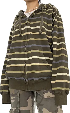 Y2k Zip Up Striped Hoodie Women Oversized Goth Sweatshirt E-Girl Grunge Long Sleeve Graphic Jacket Fall Streetwear