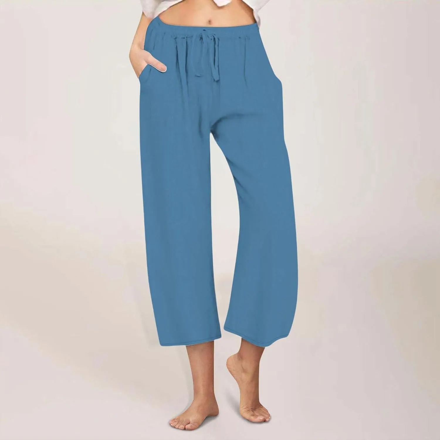 yardsong Capri Pants for Women Cotton Linen Summer Wide Leg Pants Casual Loose Fit Drawstring Boho Beach Pant with Pockets