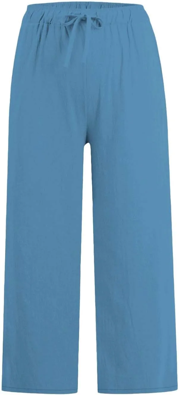 yardsong Capri Pants for Women Cotton Linen Summer Wide Leg Pants Casual Loose Fit Drawstring Boho Beach Pant with Pockets