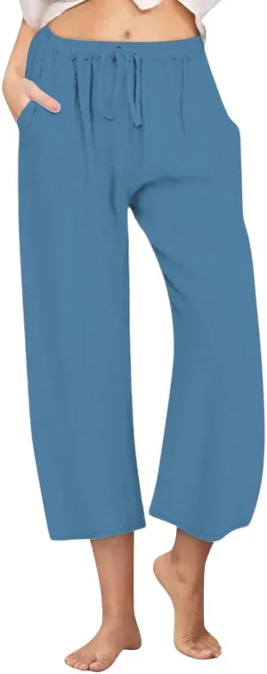 yardsong Capri Pants for Women Cotton Linen Summer Wide Leg Pants Casual Loose Fit Drawstring Boho Beach Pant with Pockets