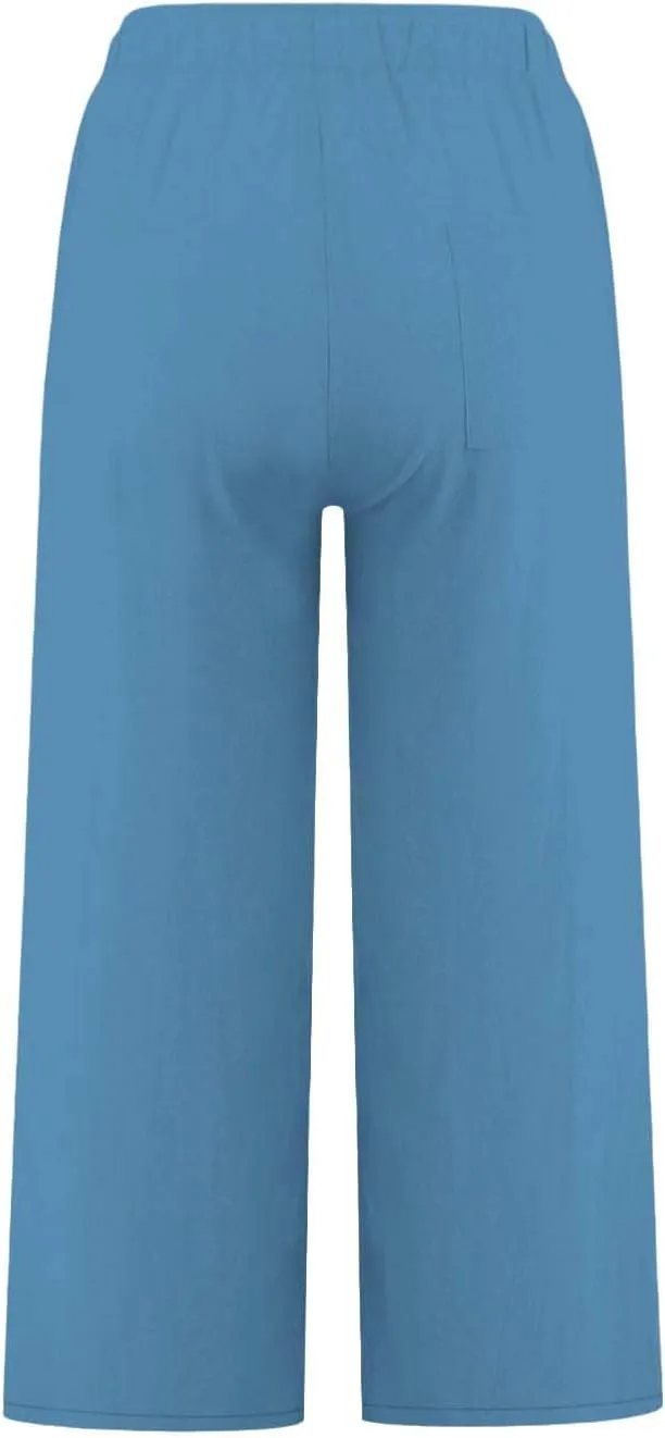 yardsong Capri Pants for Women Cotton Linen Summer Wide Leg Pants Casual Loose Fit Drawstring Boho Beach Pant with Pockets
