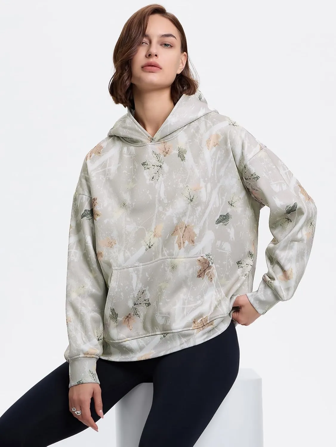 YKR Womens Camo Hoodie Oversized Maple Leaf Print Fleece Hooded Pullover Sweatshirt with Pocket
