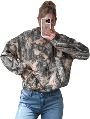 YKR Womens Camo Hoodie Oversized Maple Leaf Print Fleece Hooded Pullover Sweatshirt with Pocket