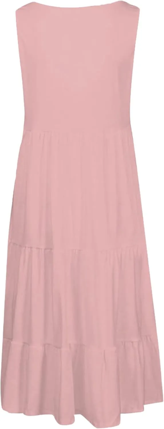 YMING Womens Sleeveless Beach Swing Dress Casual Scoop Neck Pleated Sundress Summer Ruffle Tank Dresses