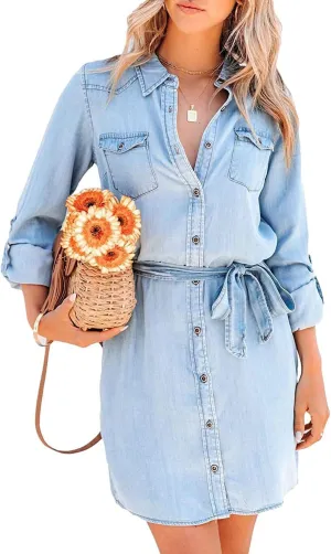 yoeasy Women's Casual Long Sleeve Denim Shirt Dress Retro Tie Waist Classic Button Down Pockets Jean Shirt Dress