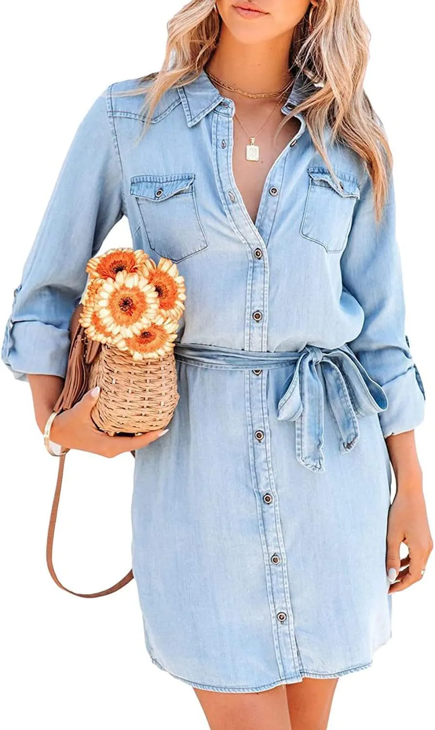 yoeasy Women's Casual Long Sleeve Denim Shirt Dress Retro Tie Waist Classic Button Down Pockets Jean Shirt Dress
