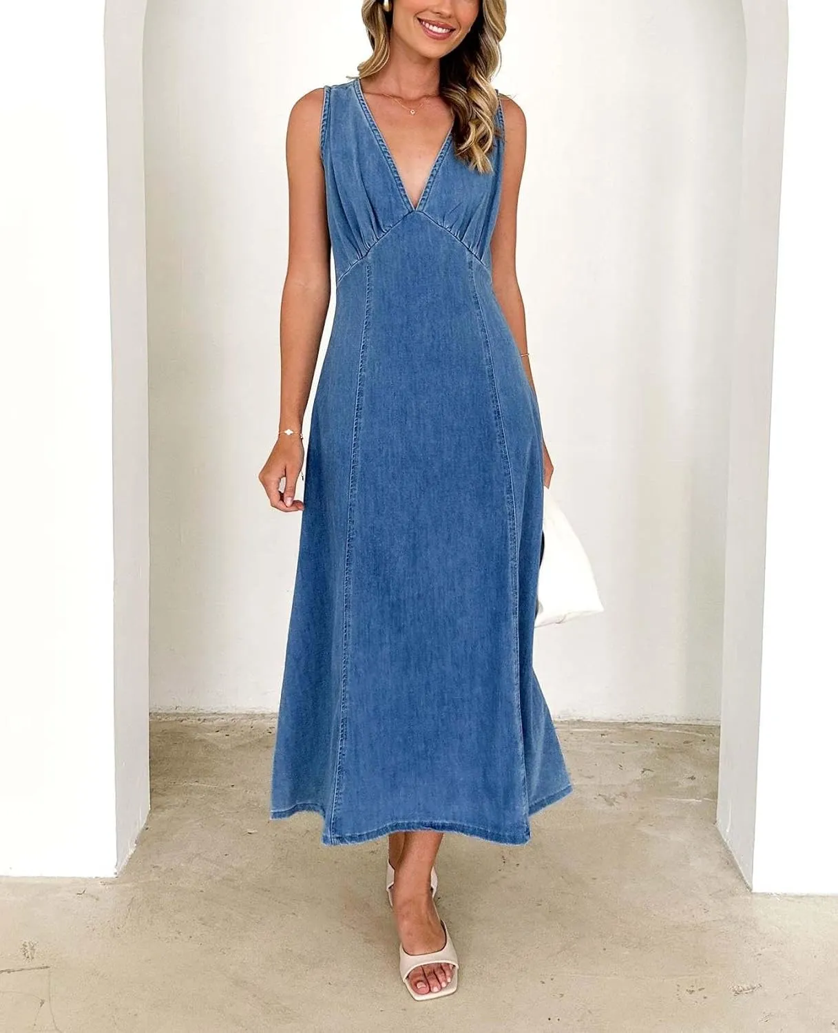yoeasy Women's Summer Denim Dress Sleeveless V Neck High Waist Trendy Casual A Line Jean Maxi Dress