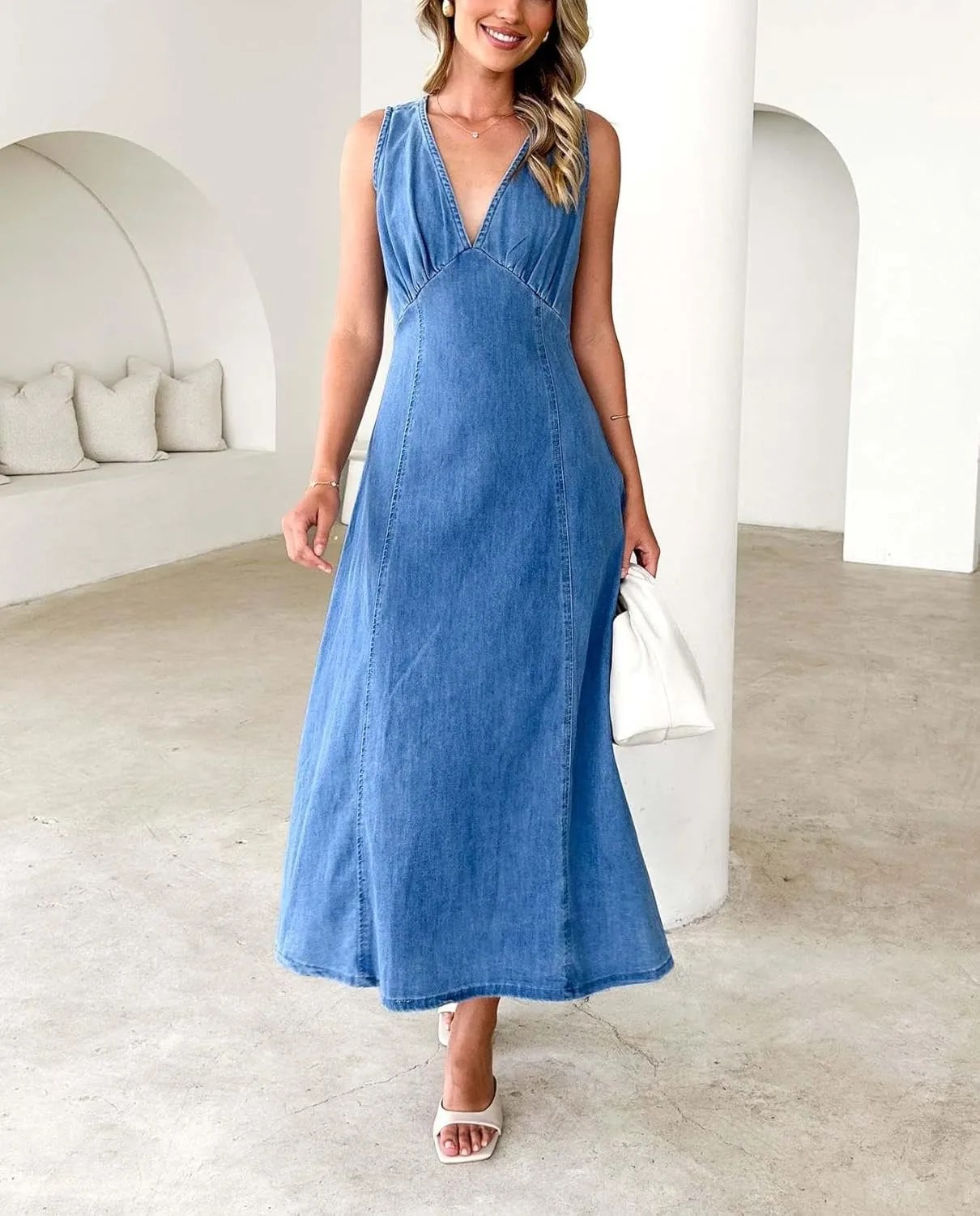 yoeasy Women's Summer Denim Dress Sleeveless V Neck High Waist Trendy Casual A Line Jean Maxi Dress