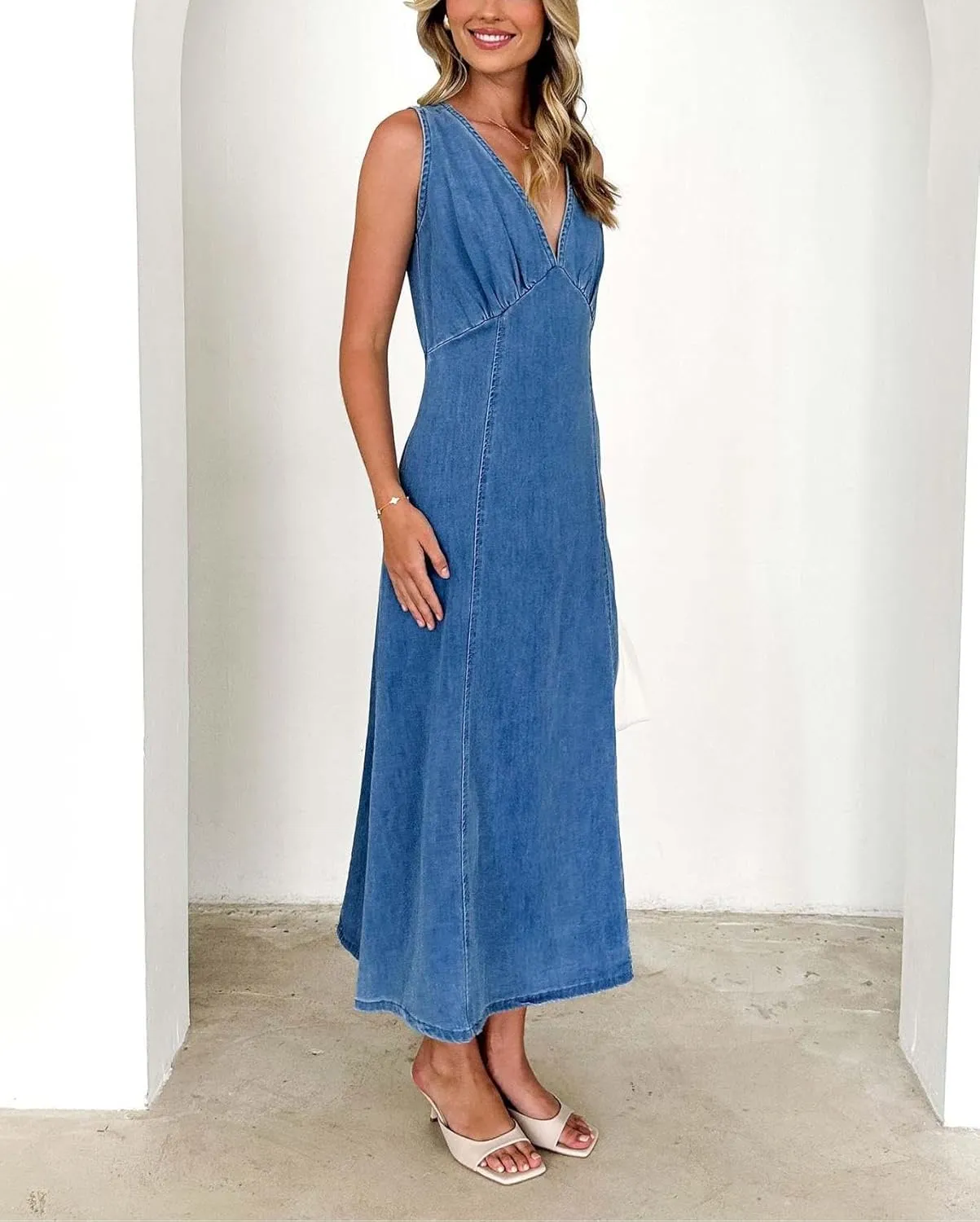 yoeasy Women's Summer Denim Dress Sleeveless V Neck High Waist Trendy Casual A Line Jean Maxi Dress