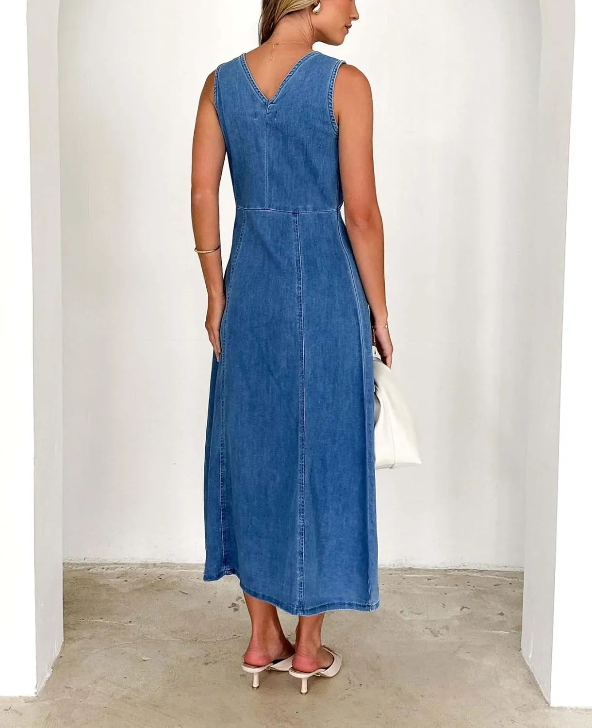 yoeasy Women's Summer Denim Dress Sleeveless V Neck High Waist Trendy Casual A Line Jean Maxi Dress