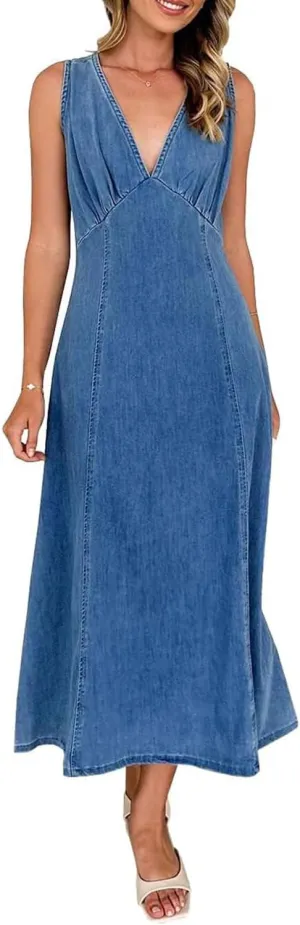 yoeasy Women's Summer Denim Dress Sleeveless V Neck High Waist Trendy Casual A Line Jean Maxi Dress