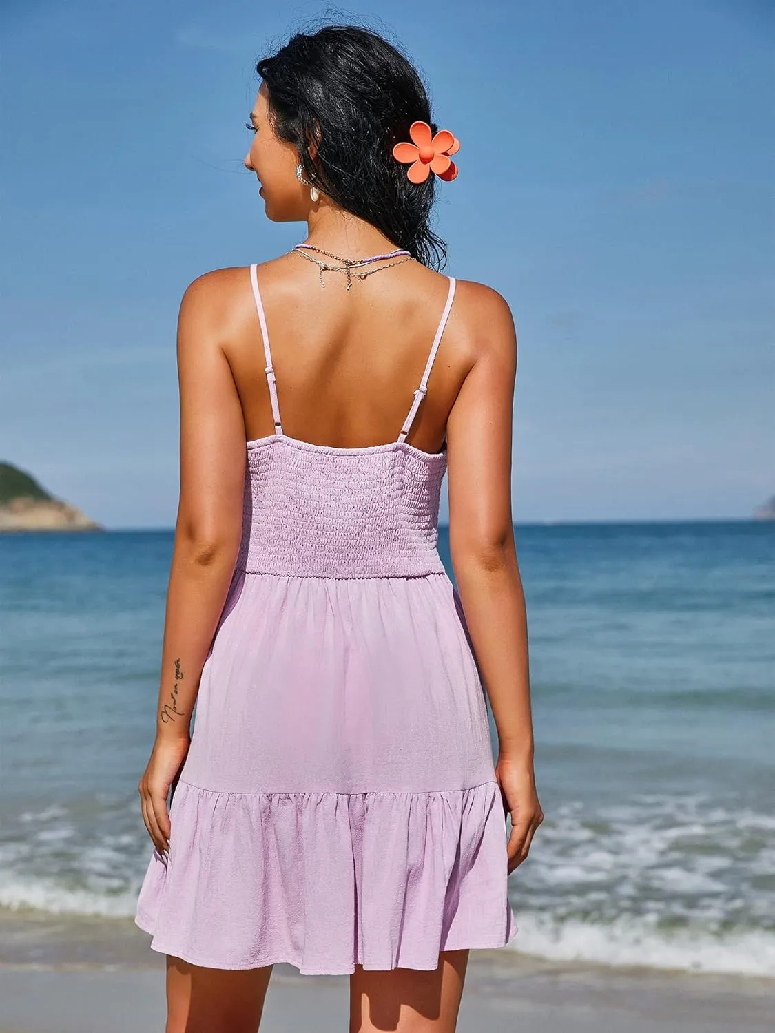 ZAFUL Women's Casual V Neck Summer Mini Dress Spaghetti Strap A-Line Short Dresses Backless Solid Color Sundress