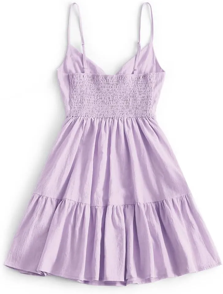 ZAFUL Women's Casual V Neck Summer Mini Dress Spaghetti Strap A-Line Short Dresses Backless Solid Color Sundress