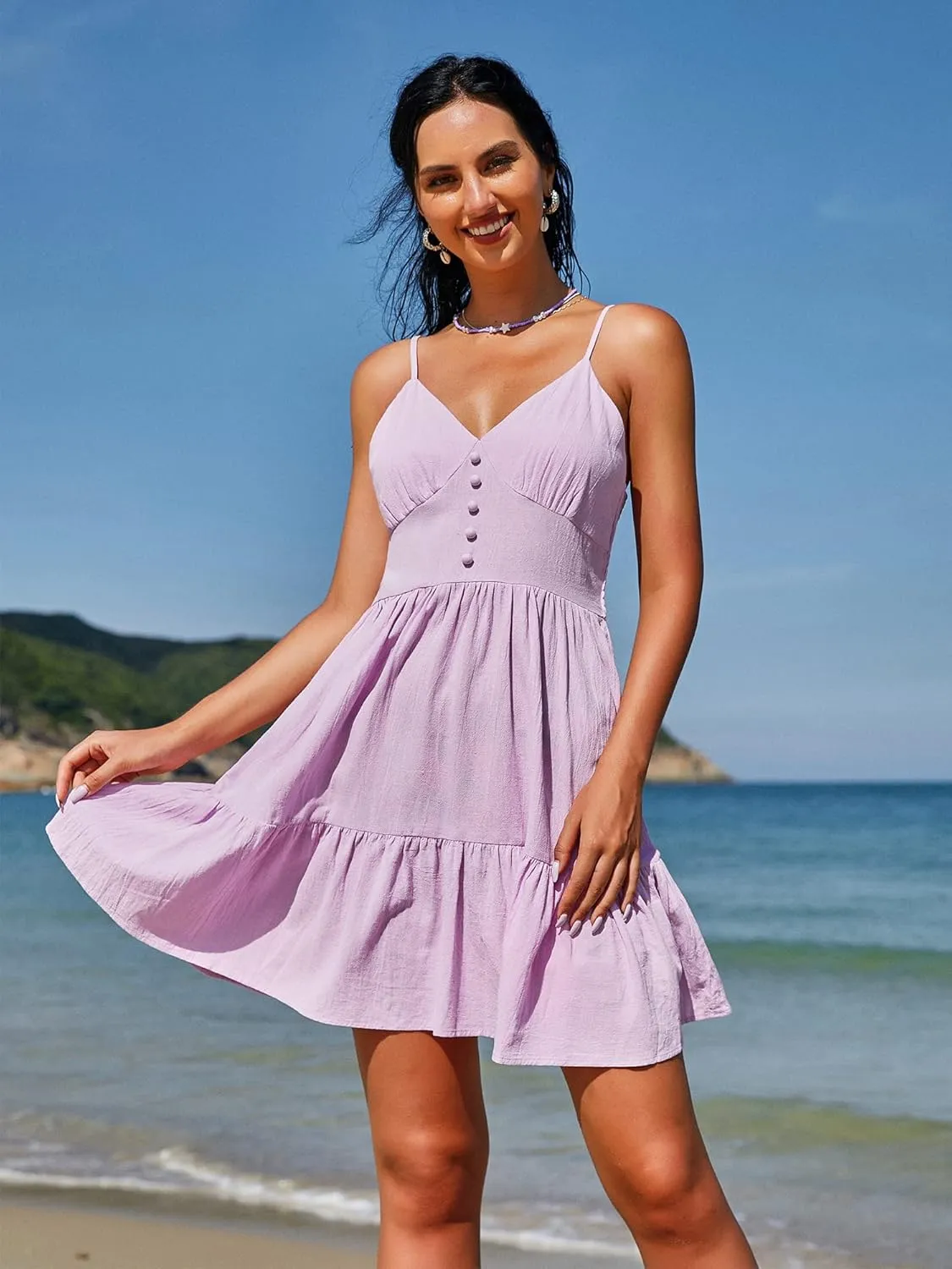 ZAFUL Women's Casual V Neck Summer Mini Dress Spaghetti Strap A-Line Short Dresses Backless Solid Color Sundress