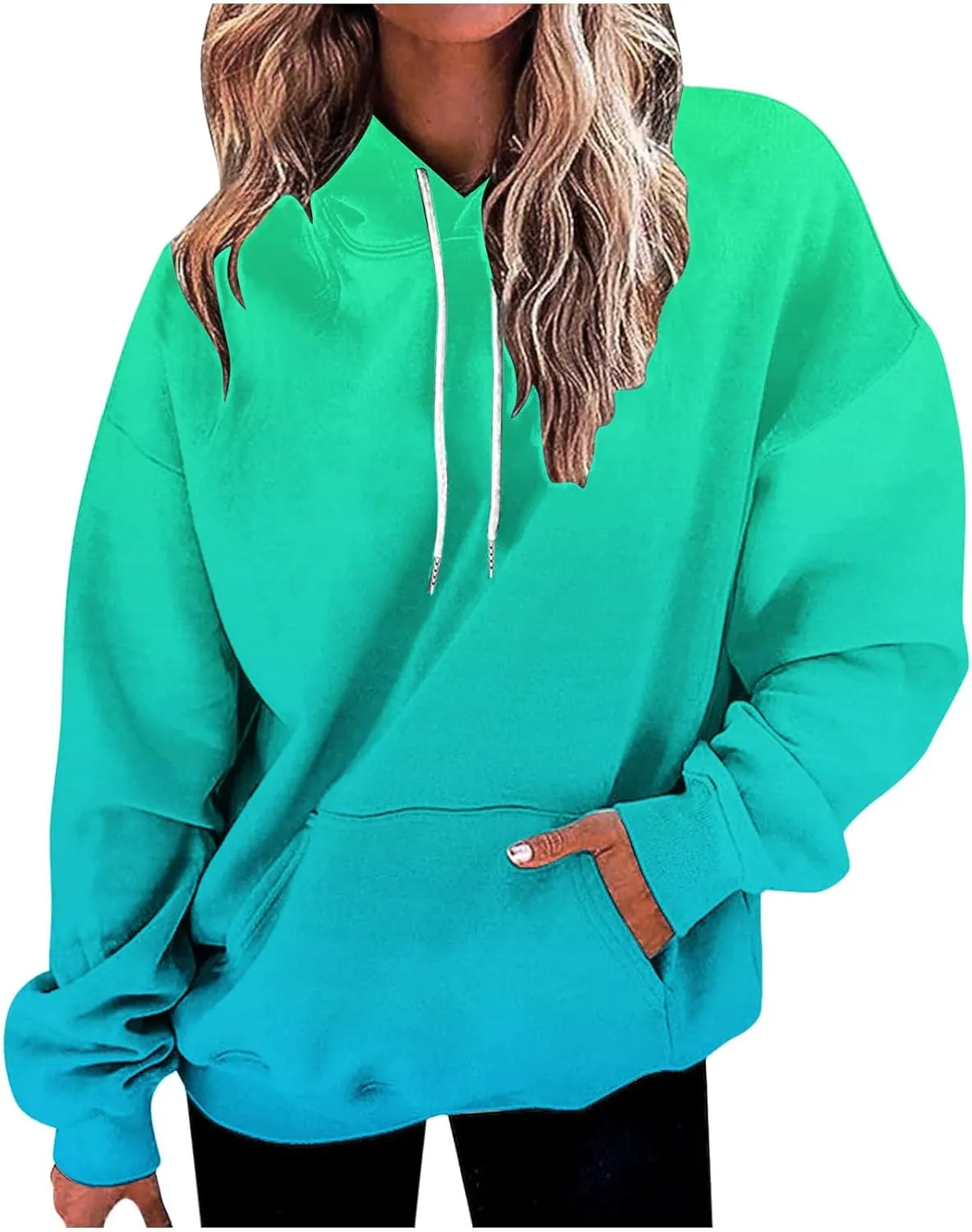 ZDRZK Hoodies For Women Gradient Print Casual Crewneck Long Sleeve Sweatshirts Hooded Loose Fit Oversized Pullover