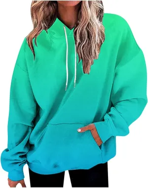 ZDRZK Hoodies For Women Gradient Print Casual Crewneck Long Sleeve Sweatshirts Hooded Loose Fit Oversized Pullover