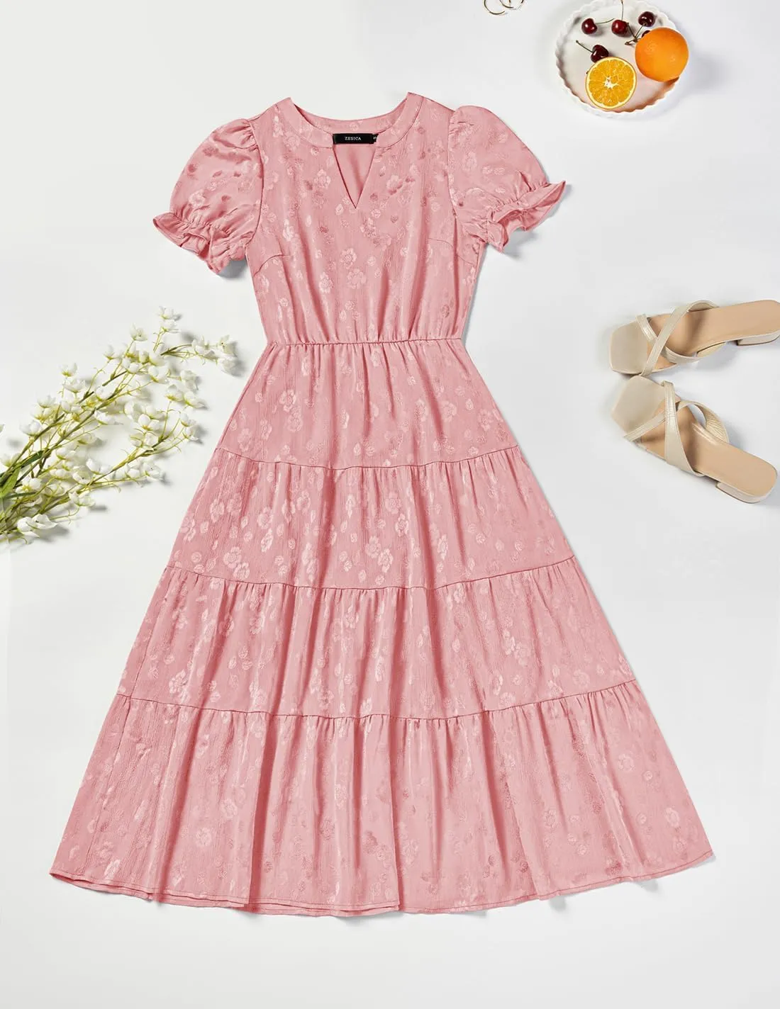 ZESICA Womens 2025 Summer Puff Short Sleeve Midi Dress Floral V Neck Textured Ruffle Flowy Beach Party Dresses