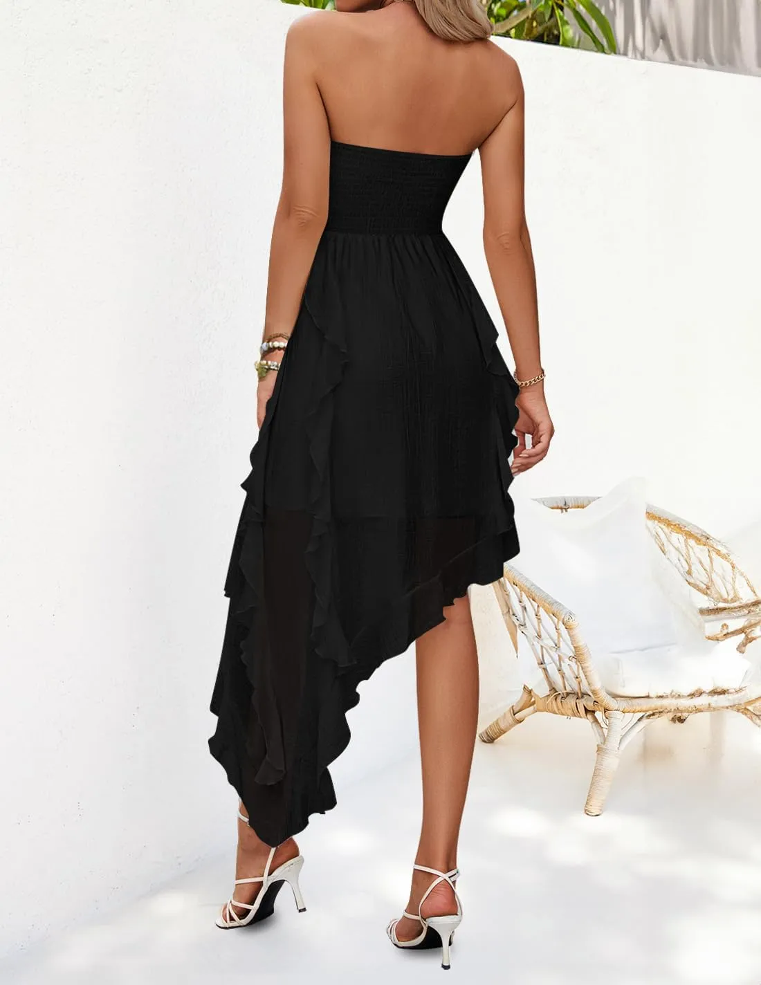 ZESICA Women's 2025 Summer Strapless Mini Dress Off Shoulder Smocked Tiered Ruffle Beach Vacation Tube Sundress