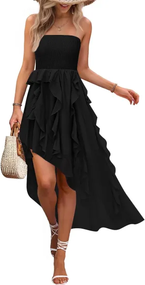 ZESICA Women's 2025 Summer Strapless Mini Dress Off Shoulder Smocked Tiered Ruffle Beach Vacation Tube Sundress