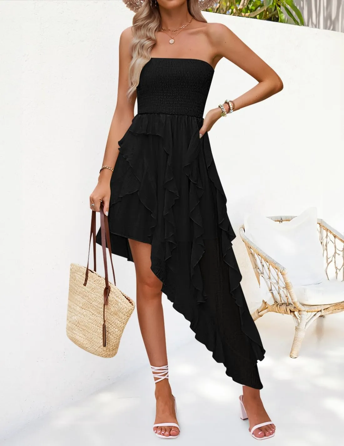 ZESICA Women's 2025 Summer Strapless Mini Dress Off Shoulder Smocked Tiered Ruffle Beach Vacation Tube Sundress