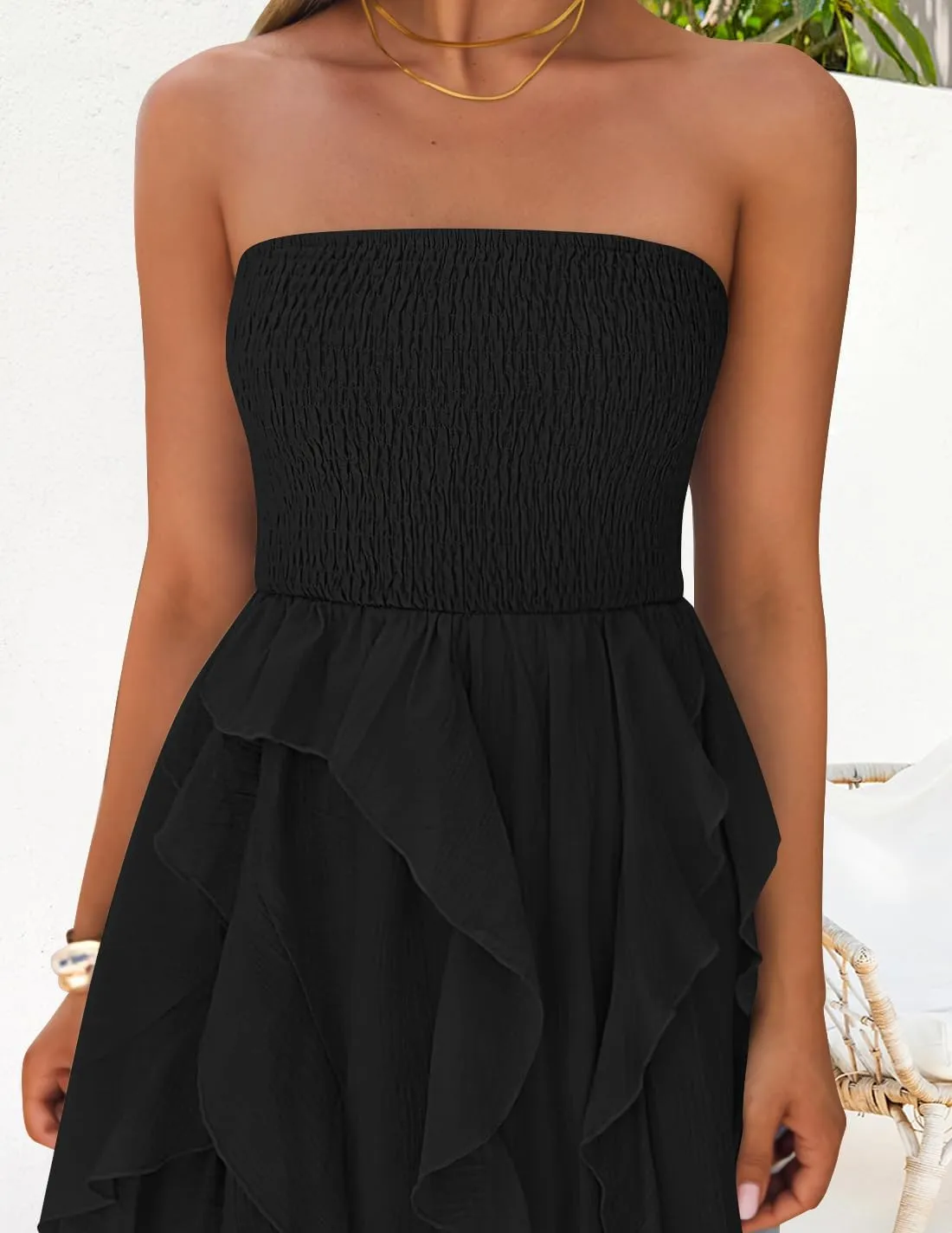 ZESICA Women's 2025 Summer Strapless Mini Dress Off Shoulder Smocked Tiered Ruffle Beach Vacation Tube Sundress