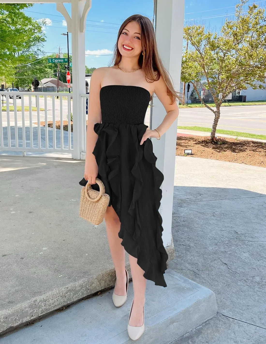 ZESICA Women's 2025 Summer Strapless Mini Dress Off Shoulder Smocked Tiered Ruffle Beach Vacation Tube Sundress