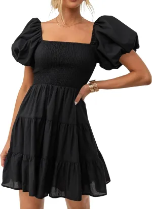 ZESICA Women's Boho 2025 Summer Square Neck Puff Sleeve Off Shoulder Smocked Tiered Casual A Line Short Mini Dress