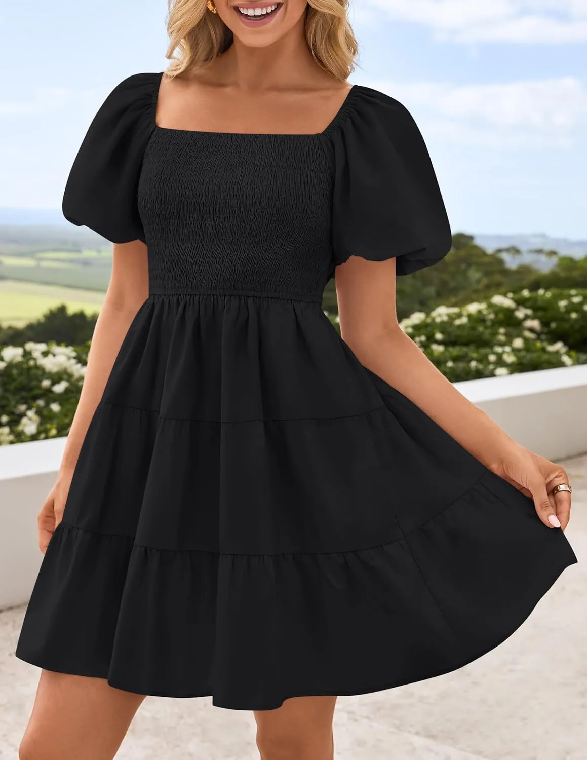 ZESICA Women's Boho 2025 Summer Square Neck Puff Sleeve Off Shoulder Smocked Tiered Casual A Line Short Mini Dress