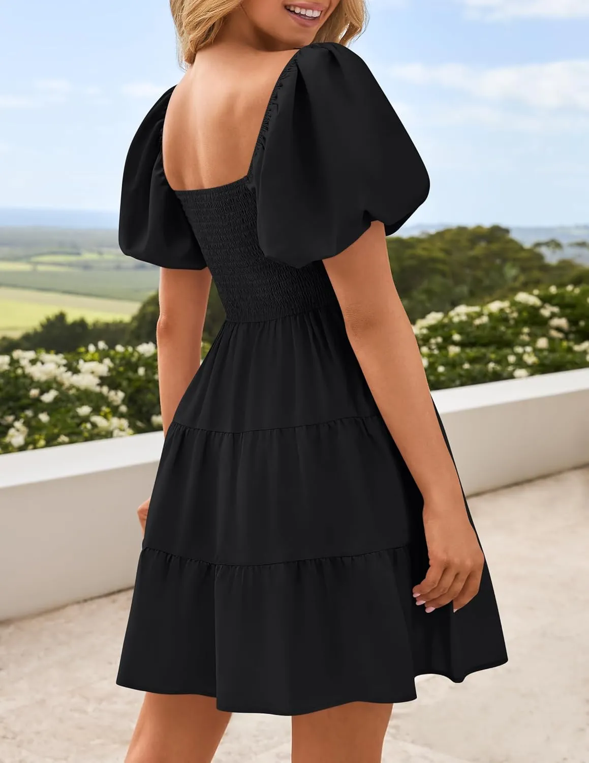 ZESICA Women's Boho 2025 Summer Square Neck Puff Sleeve Off Shoulder Smocked Tiered Casual A Line Short Mini Dress