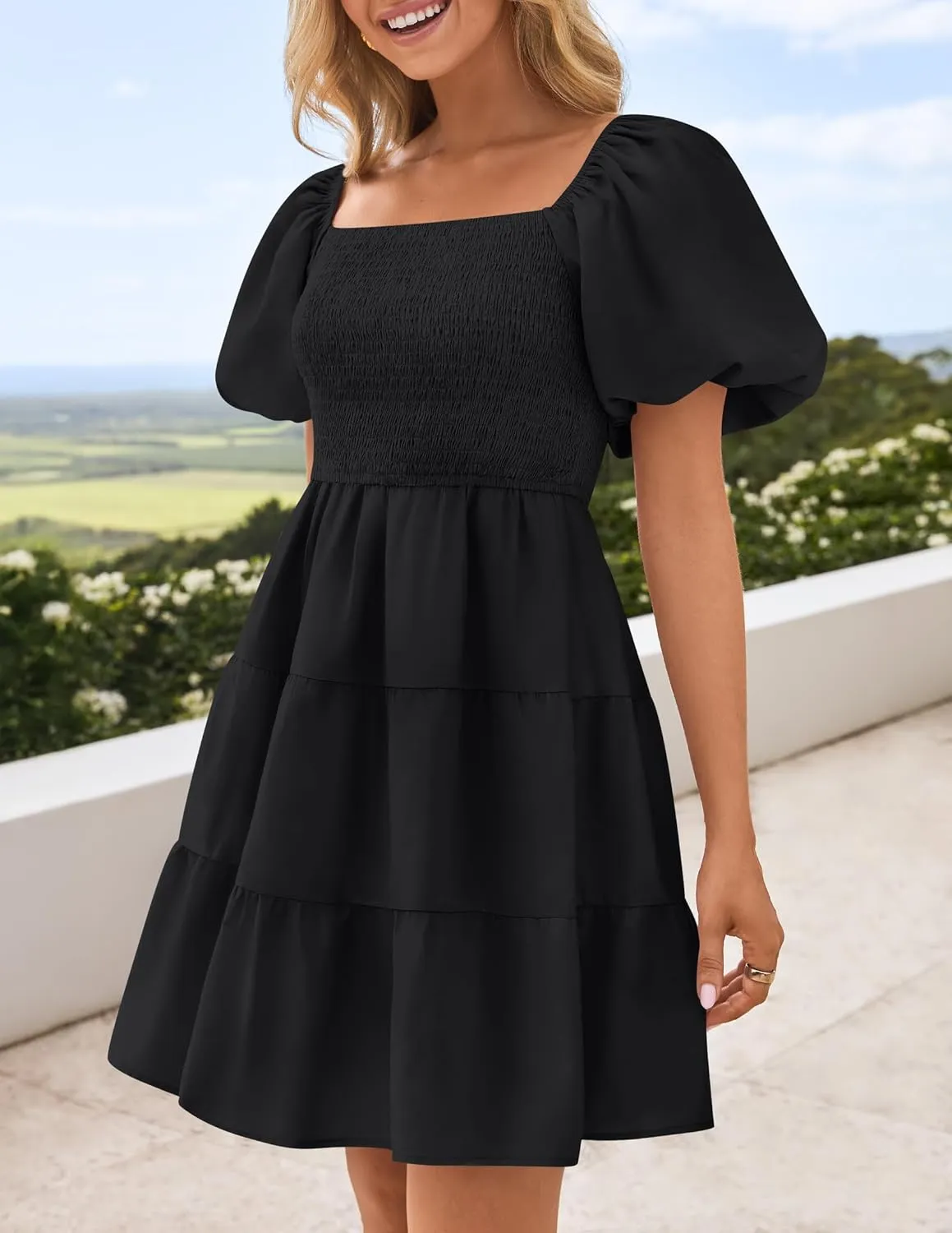 ZESICA Women's Boho 2025 Summer Square Neck Puff Sleeve Off Shoulder Smocked Tiered Casual A Line Short Mini Dress