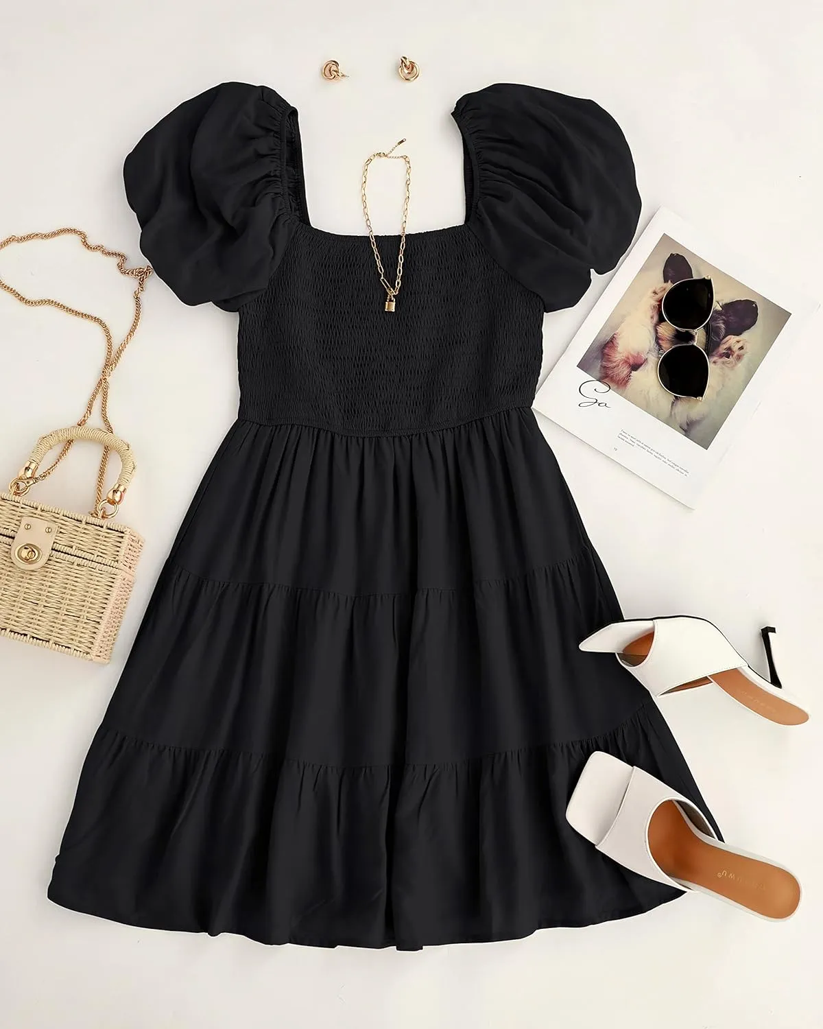 ZESICA Women's Boho 2025 Summer Square Neck Puff Sleeve Off Shoulder Smocked Tiered Casual A Line Short Mini Dress