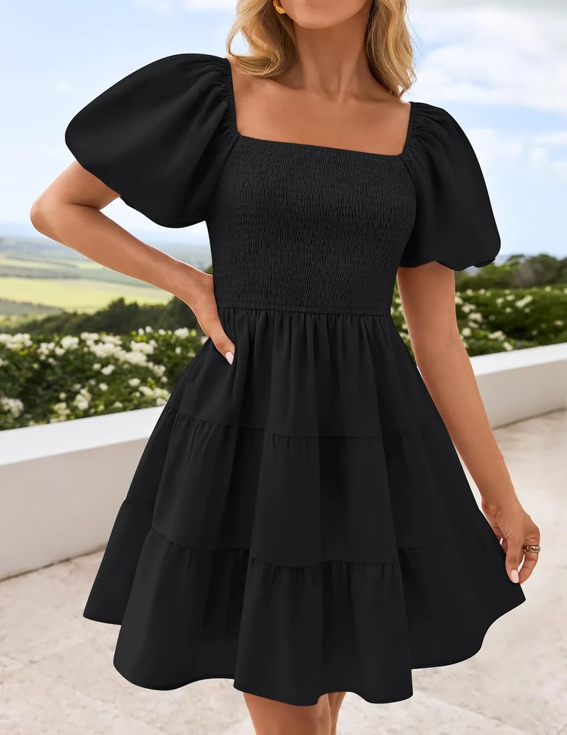 ZESICA Women's Boho 2025 Summer Square Neck Puff Sleeve Off Shoulder Smocked Tiered Casual A Line Short Mini Dress