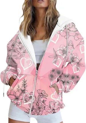 Zip Up Hoodie Long Sleeve Hooded Coat Graphic Jacket with Pockets Trendy Sweatshirts Loose Fit Hoodies