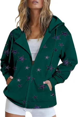 Zip Up Hoodie Women Oversized Sweatshirt Star Graphic Fleece Y2K Jacket Pockets Fall Outfits Casual Fashion Clothes