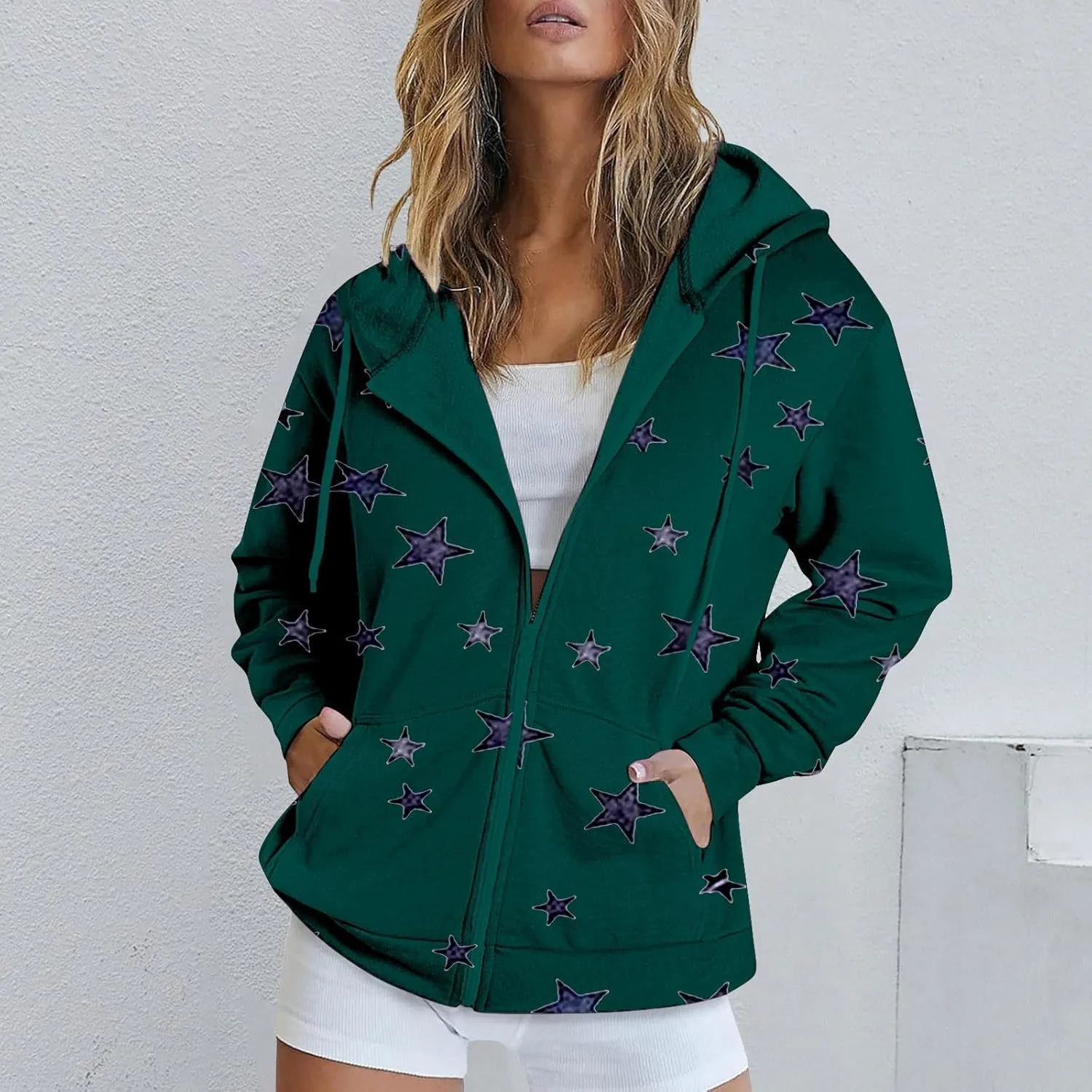 Zip Up Hoodie Women Oversized Sweatshirt Star Graphic Fleece Y2K Jacket Pockets Fall Outfits Casual Fashion Clothes