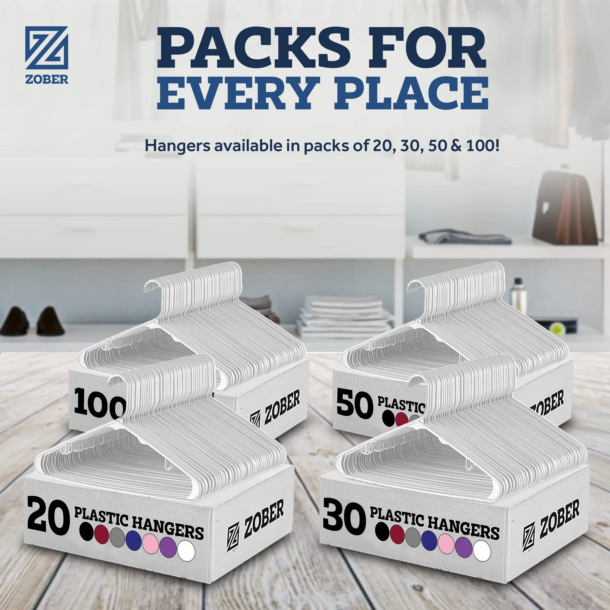 Zober Plastic Hangers 50 Pack - Standard Set of Slim Heavy Duty Clothes Hangers w/Hooks for Coats, Jackets & Pants for Everyday Use, White