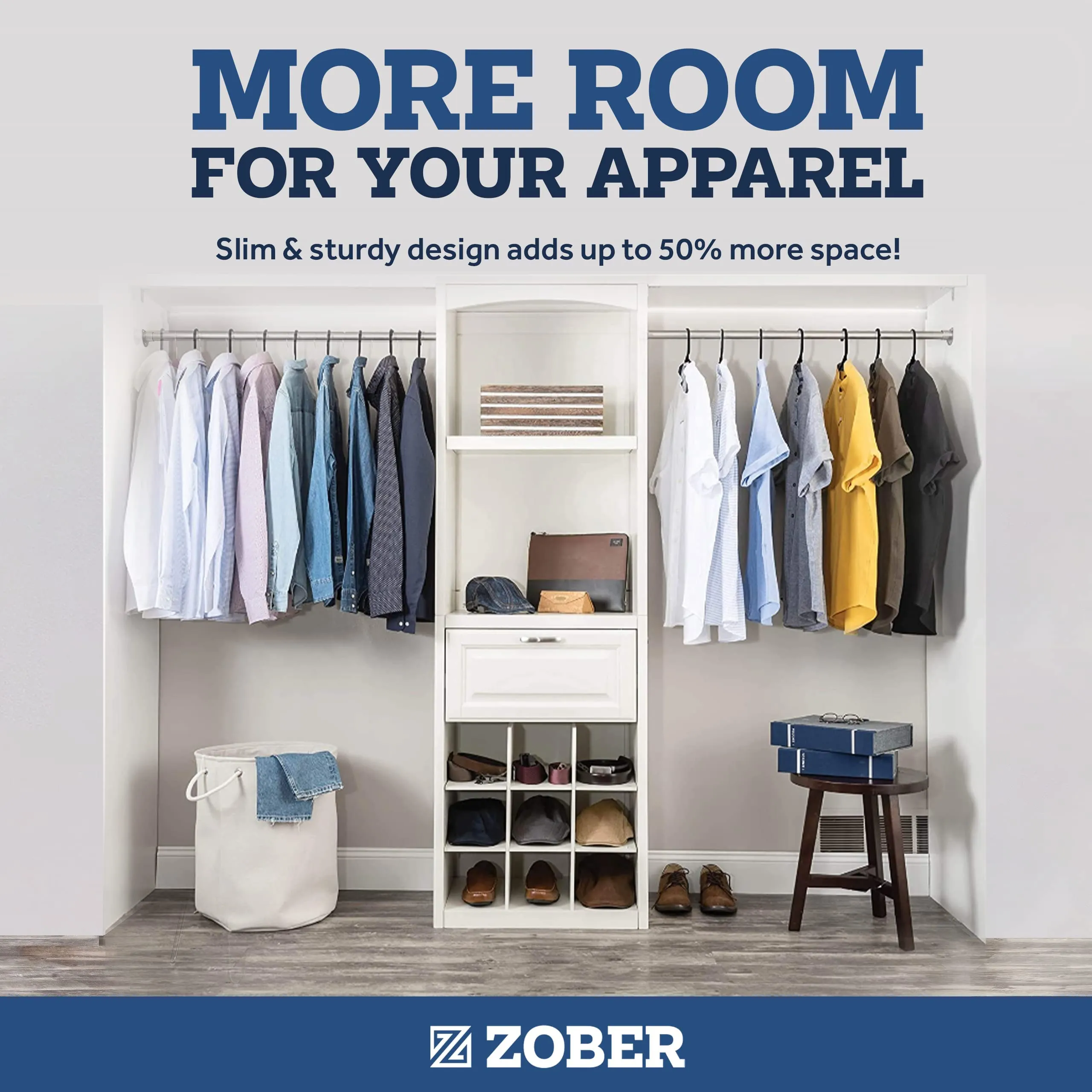 Zober Plastic Hangers 50 Pack - Standard Set of Slim Heavy Duty Clothes Hangers w/Hooks for Coats, Jackets & Pants for Everyday Use, White