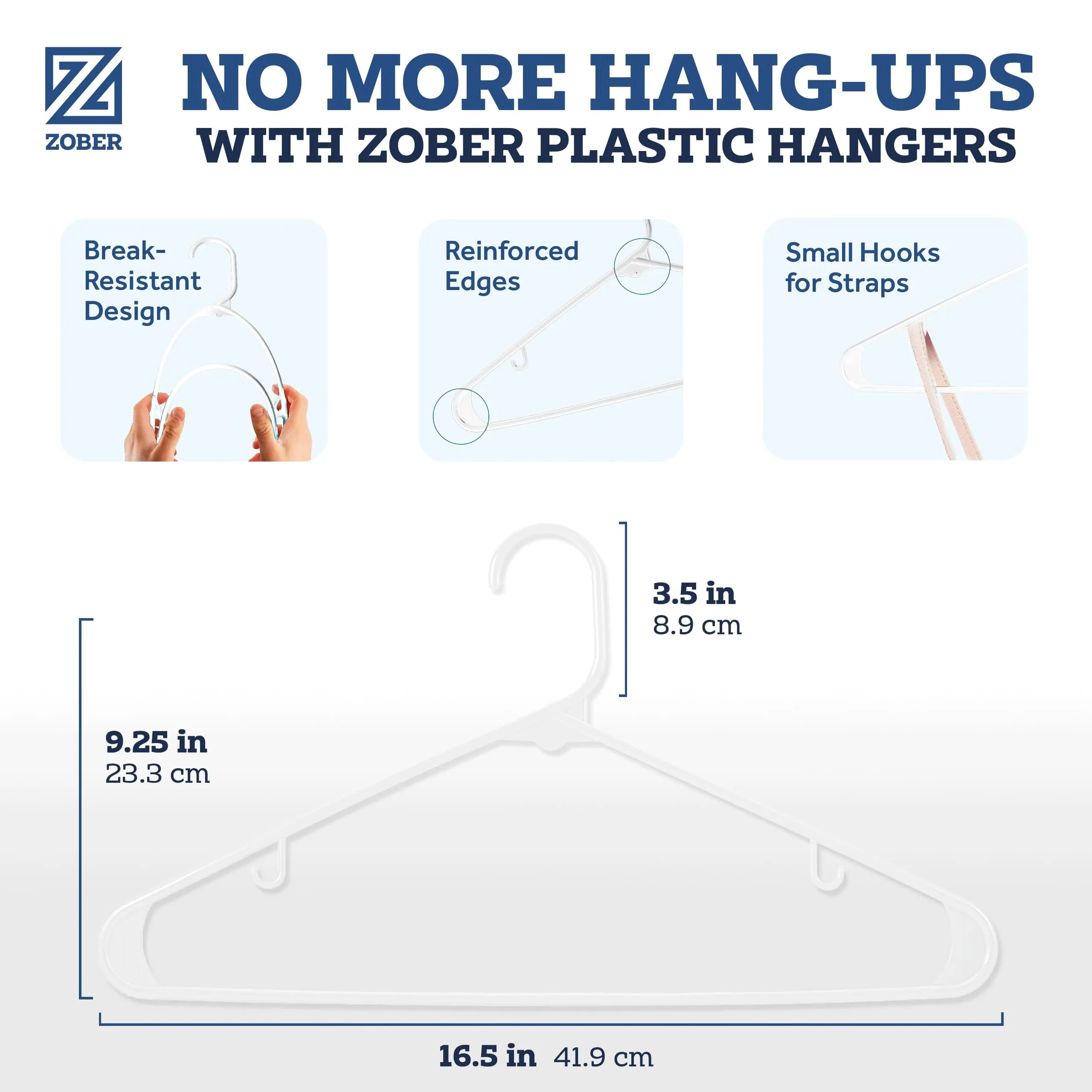Zober Plastic Hangers 50 Pack - Standard Set of Slim Heavy Duty Clothes Hangers w/Hooks for Coats, Jackets & Pants for Everyday Use, White